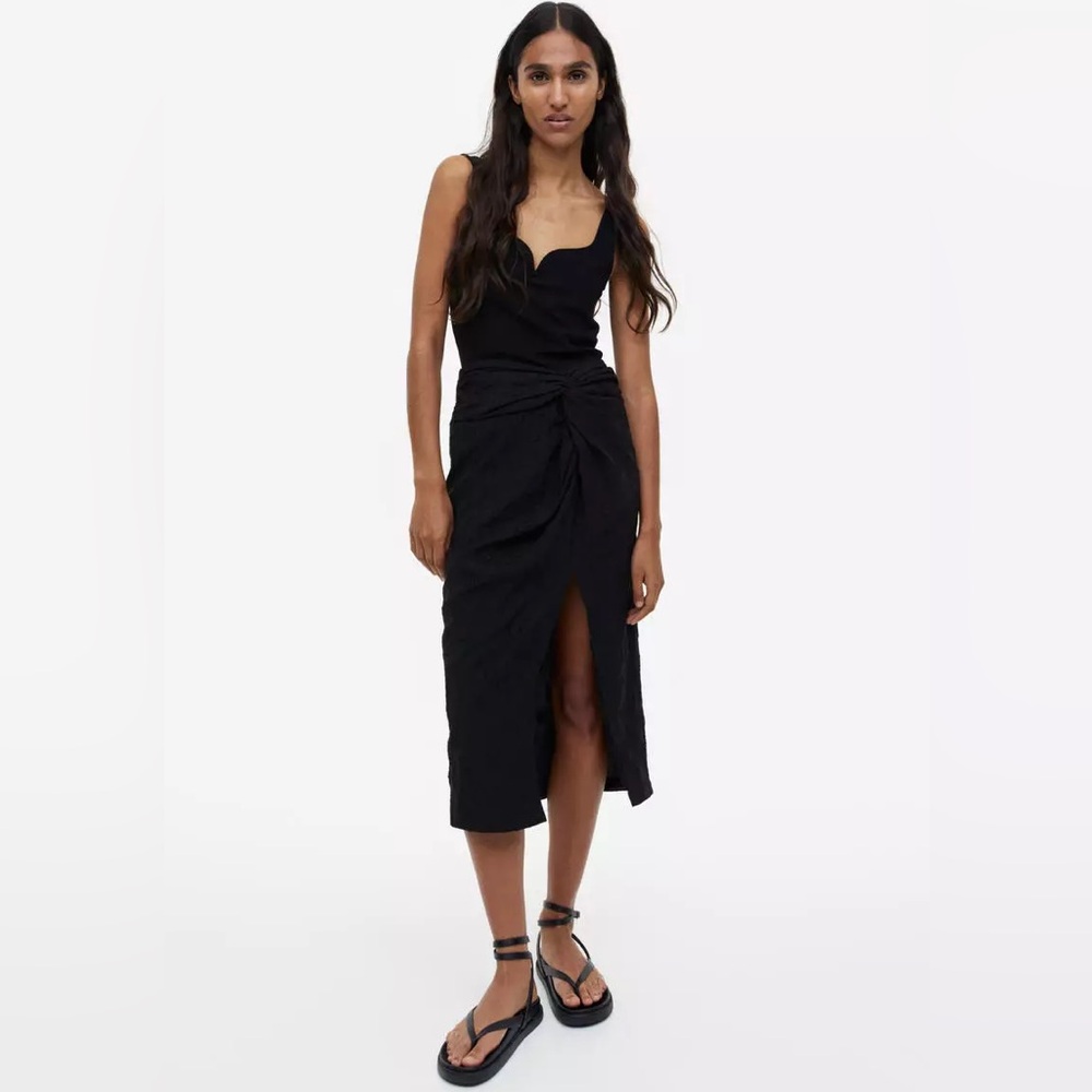 H&M Conscious Black Pencil Midi Skirt with Knot Detail and Front Slit Size US 10